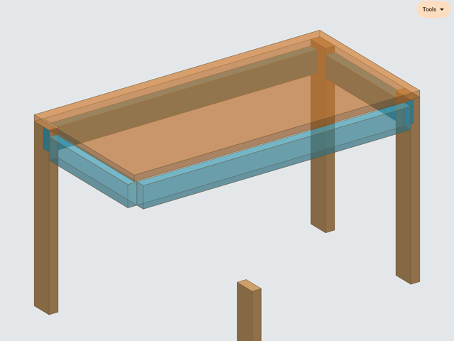 A dining table in the app's 3D canvas: the tabletop tinted orange and the front apron tinted blue where they are selected, the four legs standing under them, and a Tools button in the corner.