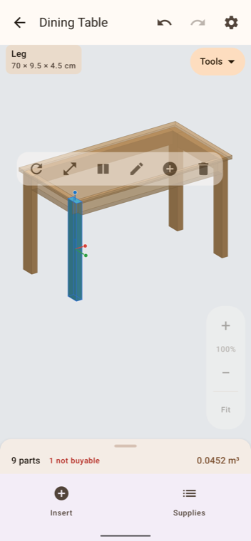 A dining table in the Woodworking Designs 3D canvas. One leg is selected and tinted teal, with its size shown as 70 by 9.5 by 4.5 centimetres.