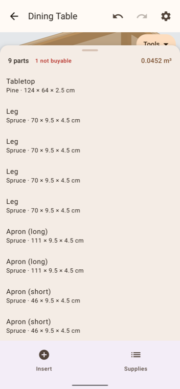 The cut list for a dining table: tabletop in pine at 124 by 64 by 2.5 centimetres, four legs and four aprons in spruce, each with its finished size.