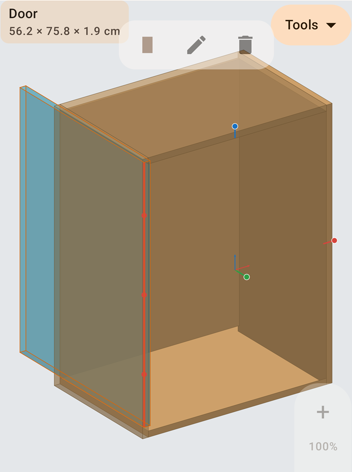A cabinet in the 3D view with its door swung open on its hinges, the carcass drawn behind it.