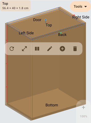 A cabinet being assembled in 3D, each face labelled Top, Door, Back, Left Side, Right Side and Bottom as a part is carried towards it.