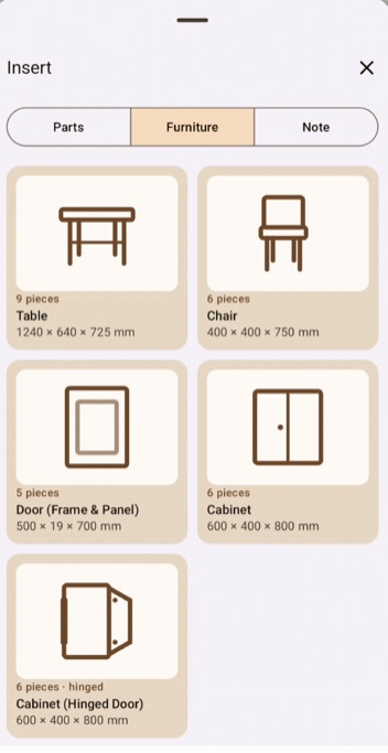The Insert sheet on the Furniture tab, showing five templates as cards: Table, 9 pieces, 1240 by 640 by 725 millimetres; Chair, 6 pieces; Door (Frame and Panel), 5 pieces; Cabinet, 6 pieces; and Cabinet (Hinged Door), 6 pieces, hinged.