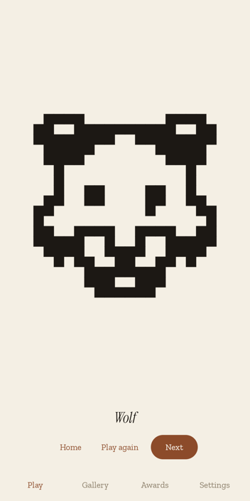The reveal: a wolf's head drawn in filled squares standing alone on the page, the word Wolf in italics beneath it, and three ways on: Home, Play again, and Next.